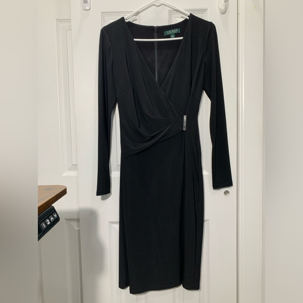 Ralph Lauren black long sleeve evening dress with waist brooch